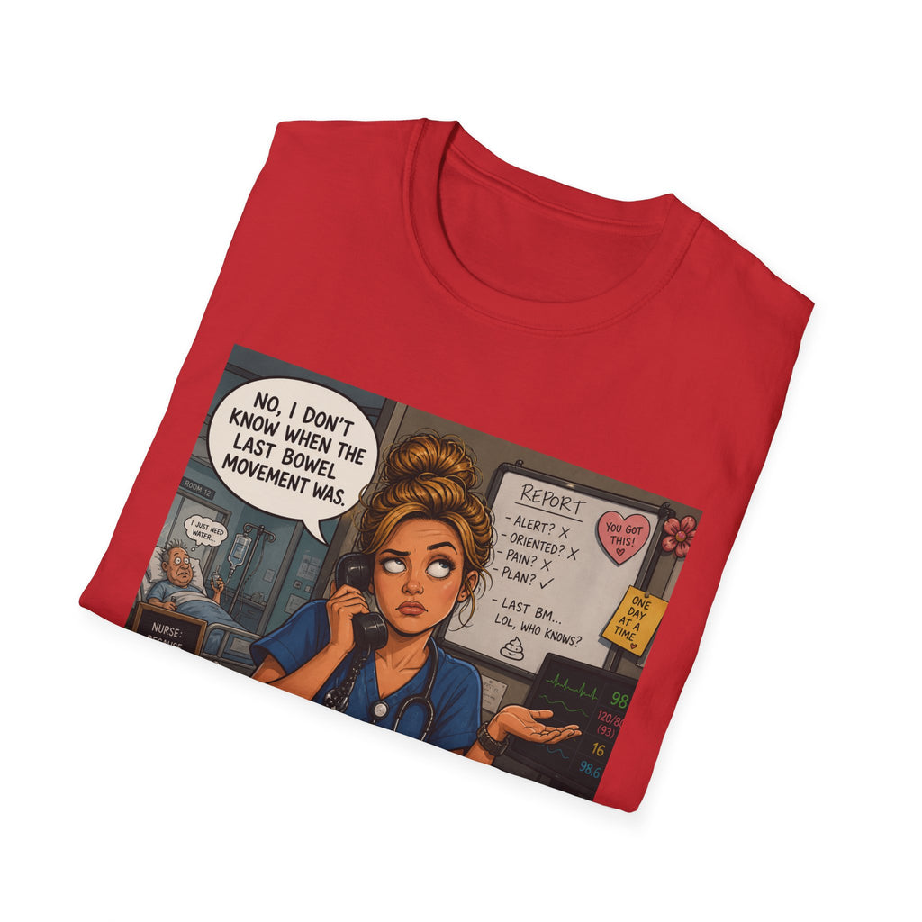 Coffee Nurse T-Shirt — Funny Nurse Life Illustration ("No, I don't know when the last bowel movement was")