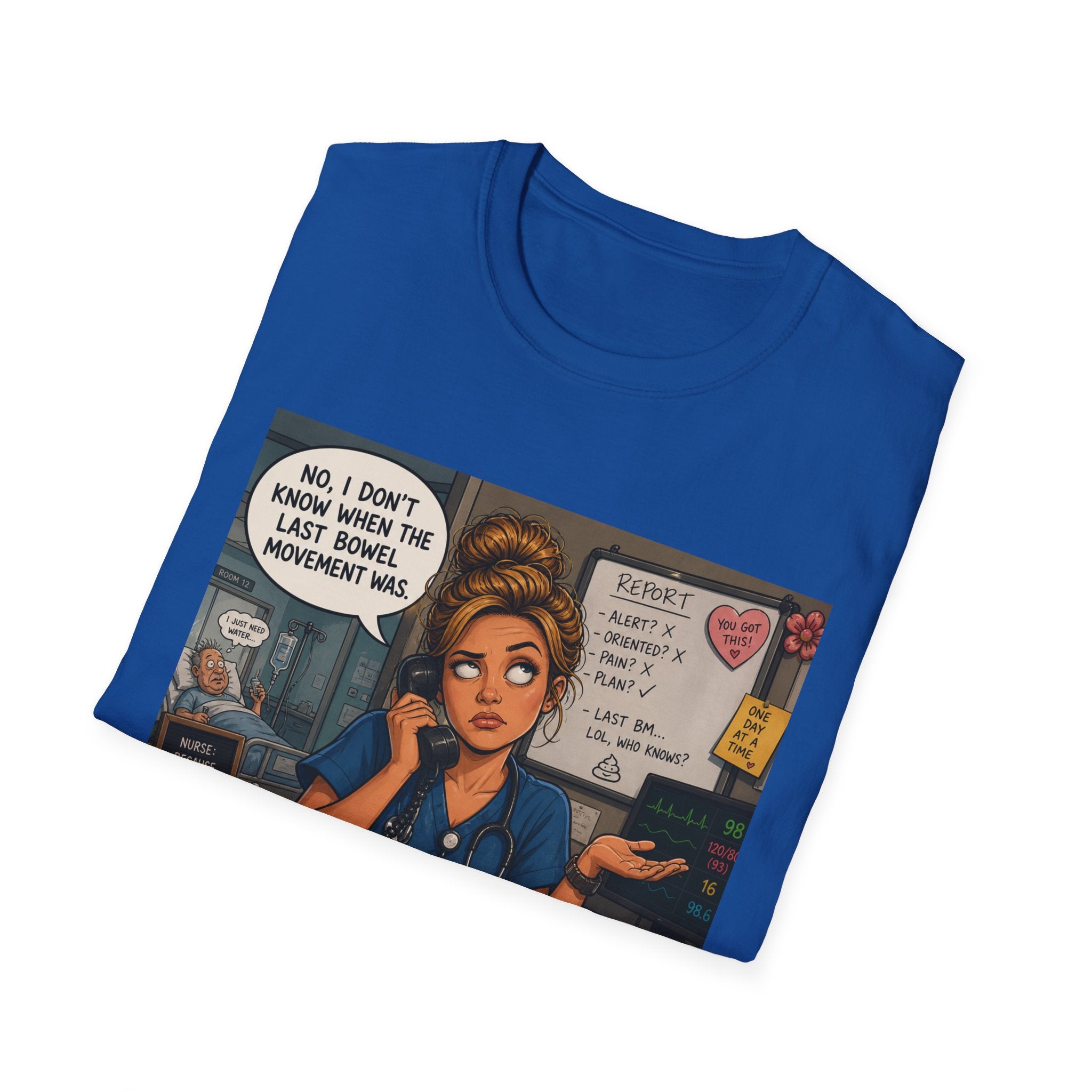 Coffee Nurse T-Shirt — Funny Nurse Life Illustration ("No, I don't know when the last bowel movement was")