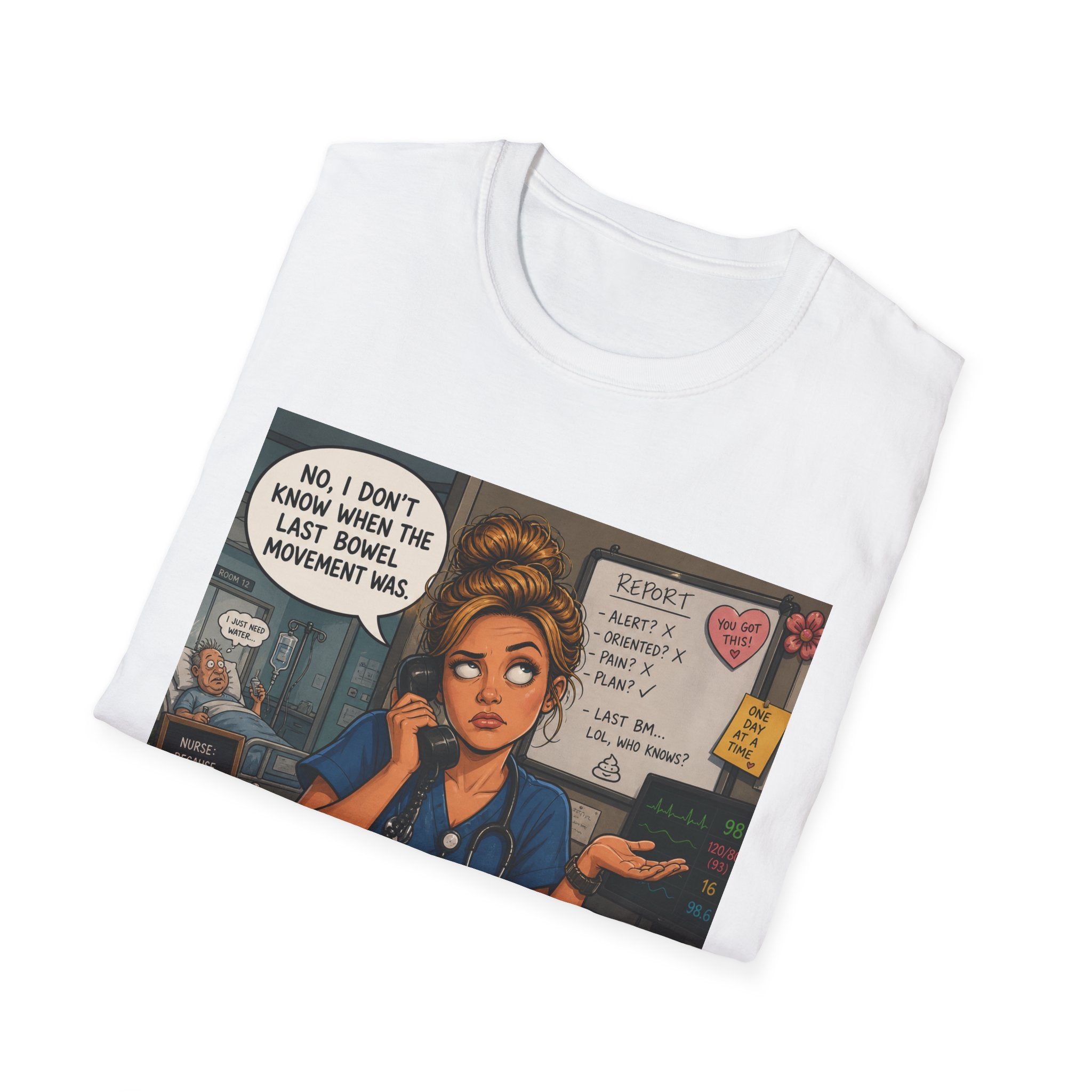 Coffee Nurse T-Shirt — Funny Nurse Life Illustration ("No, I don't know when the last bowel movement was")