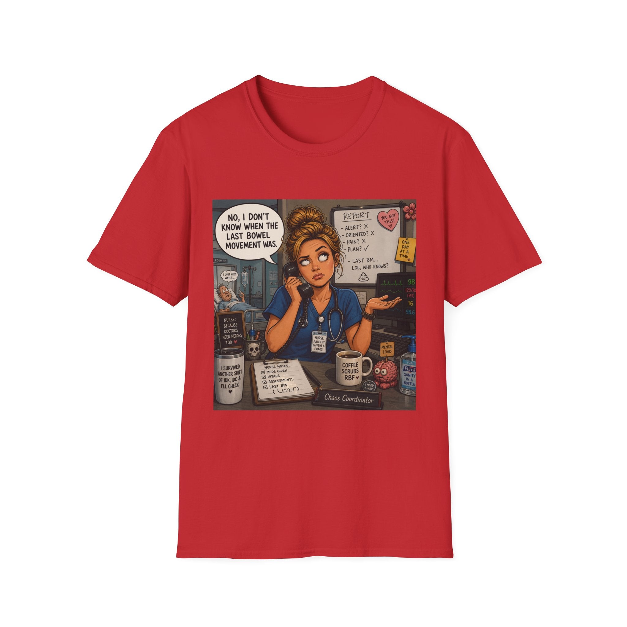 Coffee Nurse T-Shirt — Funny Nurse Life Illustration ("No, I don't know when the last bowel movement was")